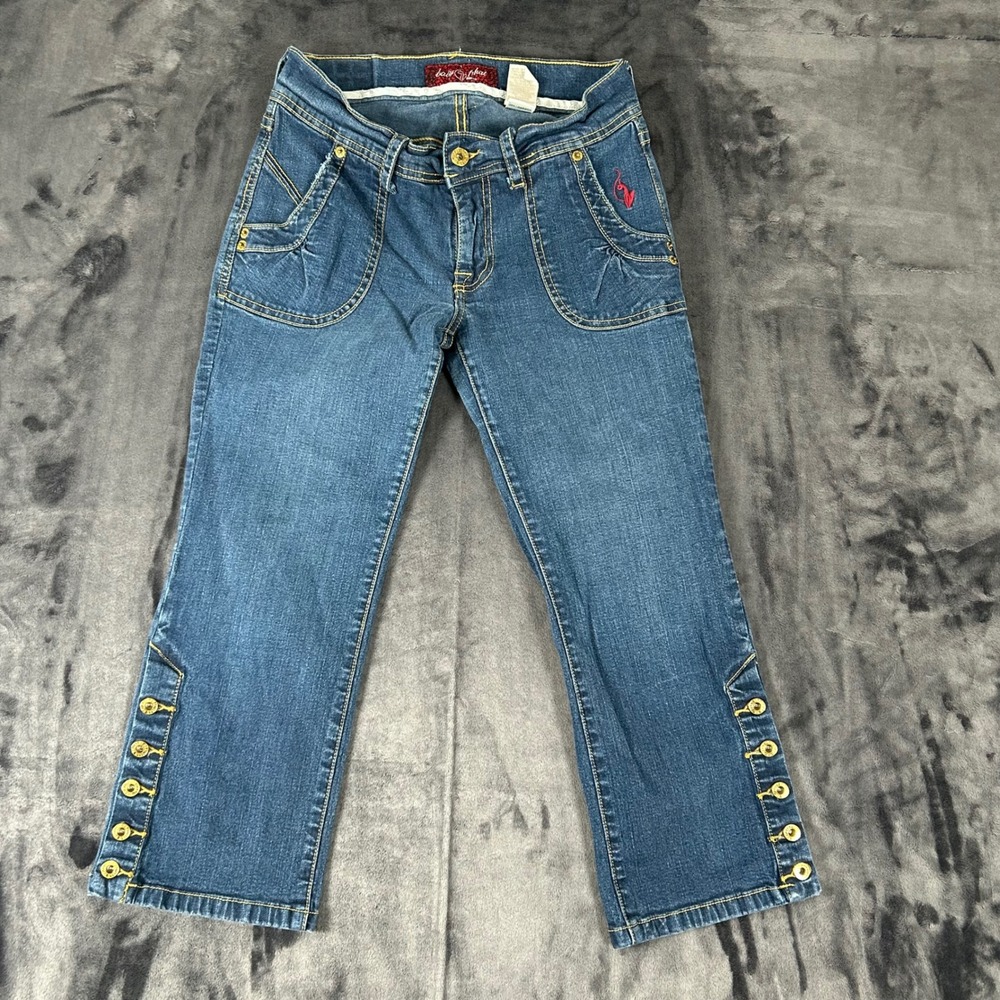 Baby Phat Jeans Womens 7 Blue Denim Capri Cropped Gold Button Accents 3610